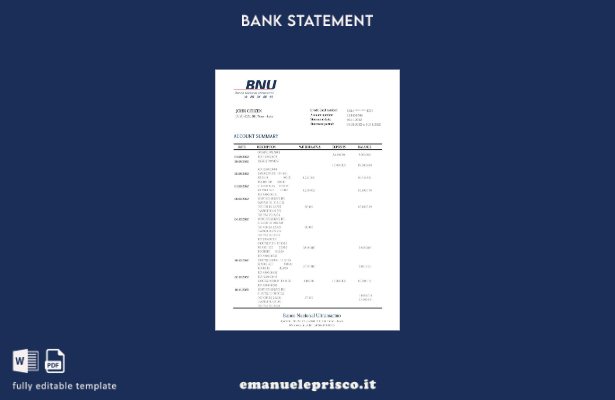 modello word di estratto conto bancario Timor Est BNU in stile verificato