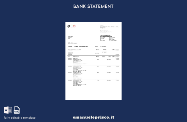 modello word di estratto conto bancario UBS Francia stile verificato