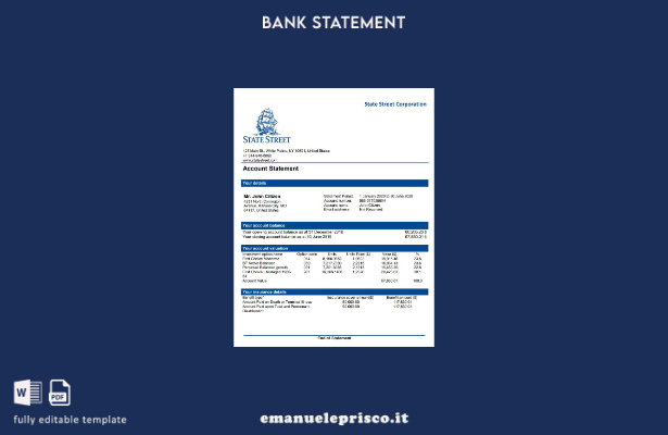 modello word di estratto conto bancario USA State Street Corporation in stile ve