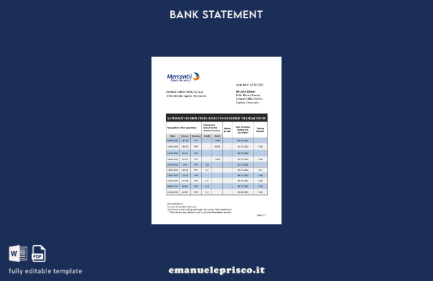 modello word di estratto conto bancario Venezuela Mercantil in stile verificato