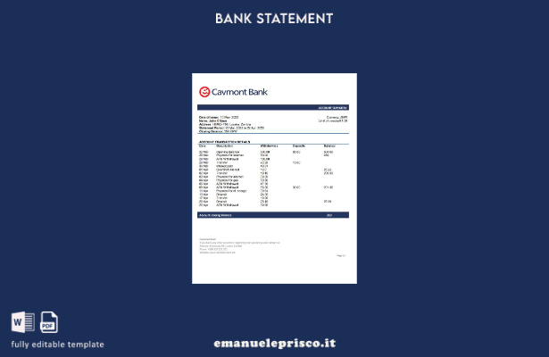 modello word di estratto conto bancario Zambia Cavmont in stile verificato