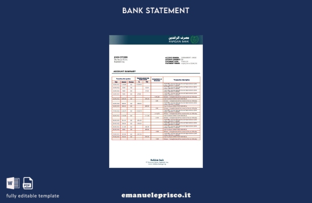 modello word di estratto conto bancario con prova di indirizzo Rafidain iracheno