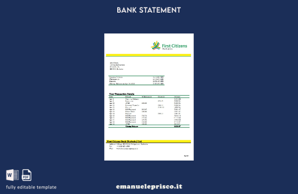 modello word di estratto conto bancario dei primi cittadini delle Barbados in st