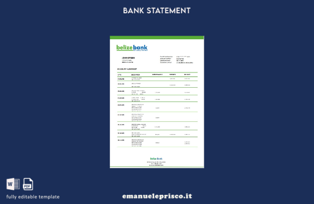 modello word di estratto conto bancario del Belize in stile verificato