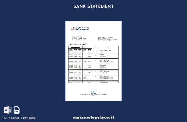 modello word di estratto conto bancario del Golfo del Kuwait in stile verificato