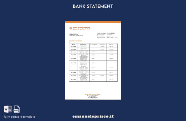 modello word di estratto conto bancario della Banca Centrale di Gibuti in stile