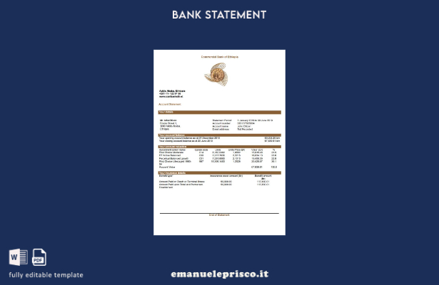 modello word di estratto conto bancario della Banca commerciale dell'Etiopia in