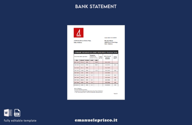 modello word di estratto conto bancario della Banca delle Maldive in stile verif