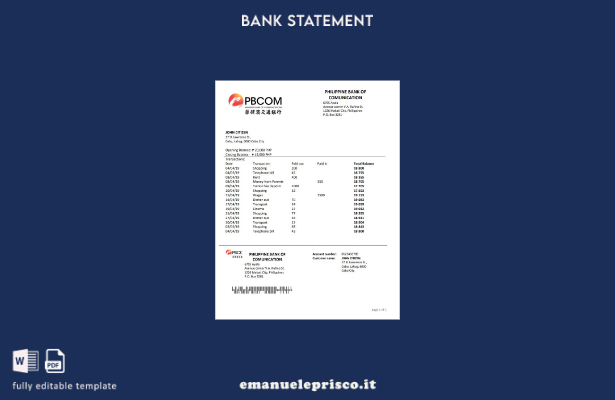 modello word di estratto conto bancario della Banca filippina delle comunicazion