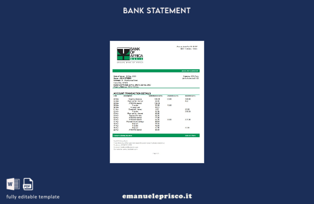modello word di estratto conto bancario della Benin Bank of Africa in stile veri