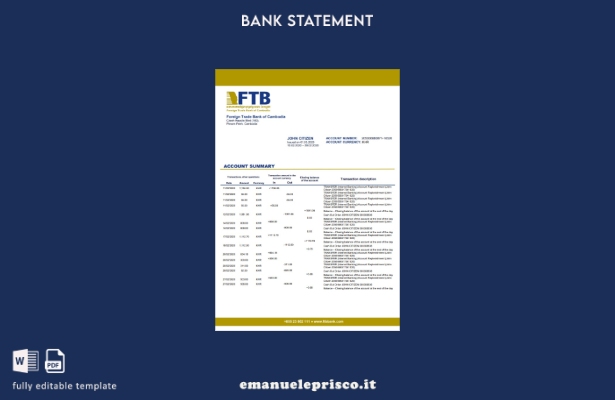 modello word di estratto conto bancario della Cambogia Foreign Trade Bank of Cam