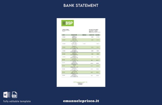 modello word di estratto conto bancario della Fiji Bank of South Pacific in stil