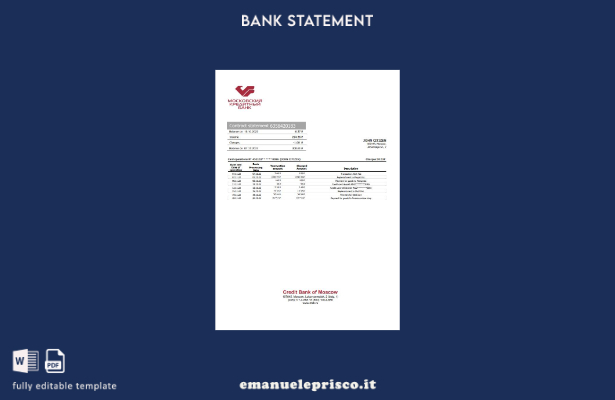 modello word di estratto conto bancario della Russia Credit Bank di Mosca in sti