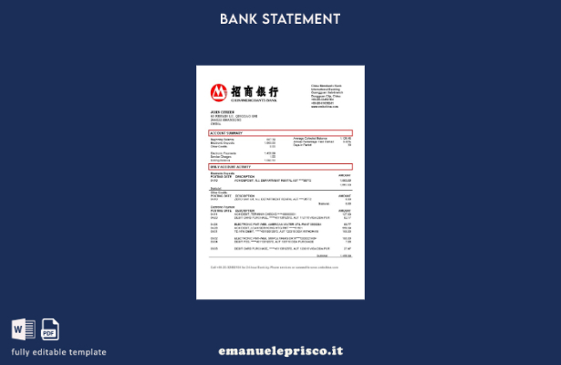 modello word di estratto conto bancario di China Merchants in stile verificato
