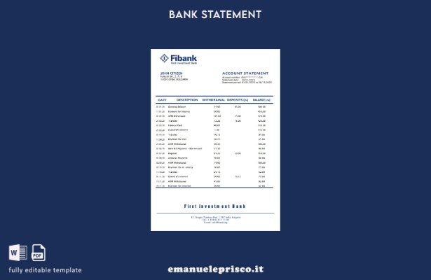 modello word di estratto conto bancario di primo investimento Bulgaria Fibank in