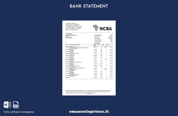 modello word di estratto conto bancario elettronico Kenya NCBA in stile verifica
