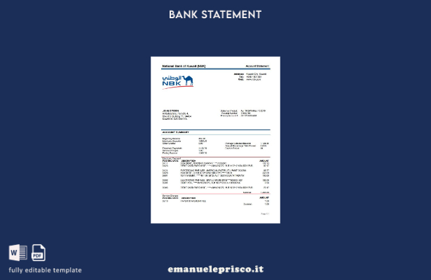 modello word di estratto conto bancario in stile verificato Kuwait, National Ban