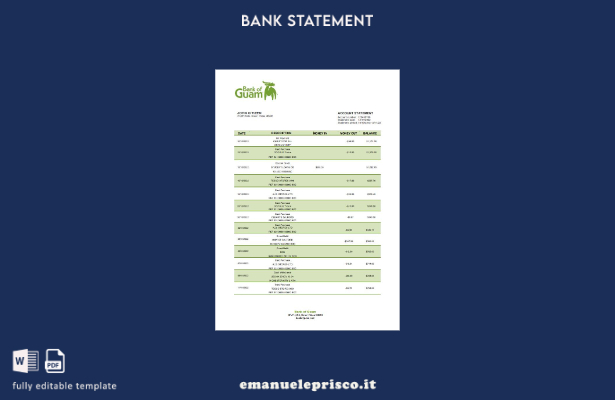 modello word di estratto conto bancario in stile verificato della Palau Bank of