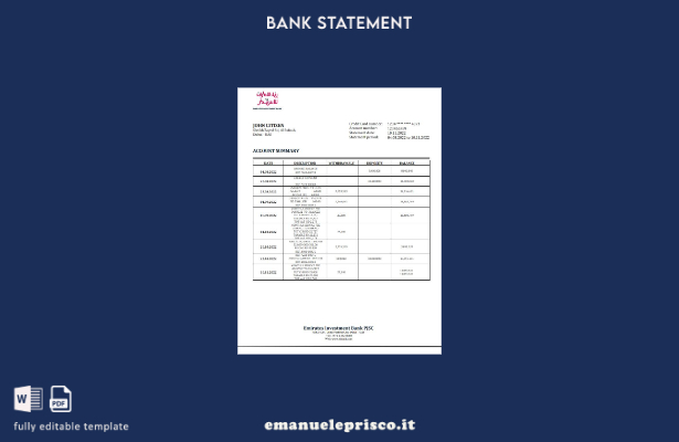 modello word di estratto conto bancario per gli investimenti degli Emirati Arabi