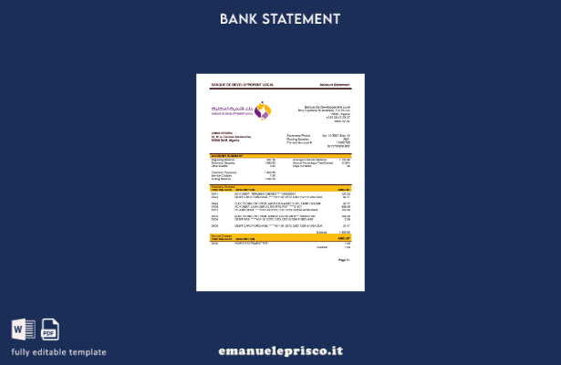 stile verificato Algeria Banque De Developpement Modello di estratto conto banca
