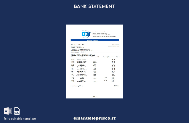 stile verificato Bosnia ed Erzegovina Bosna bank Modello Excel di estratto conto