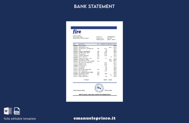 stile verificato Modello Excel di estratto conto bancario Ireland Fire Financial