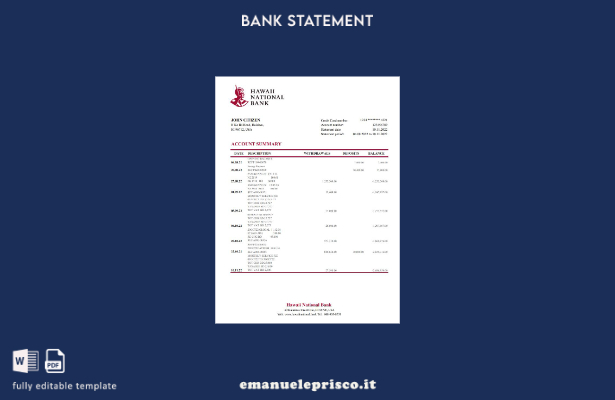 stile verificato Modello Excel di estratto conto bancario nazionale Hawaii Hawai