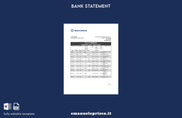 stile verificato Modello Excel di estratto conto generale del Panama Banco