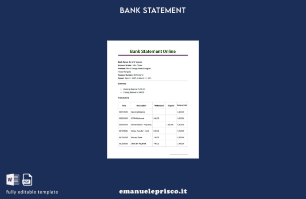 stile verificato Modello Word di estratto conto della Banca dell'Uganda