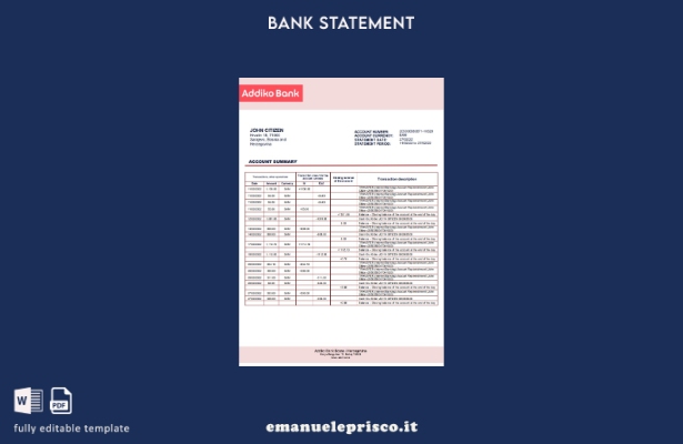stile verificato Modello di estratto conto bancario Addiko Bosnia ed Erzegovina