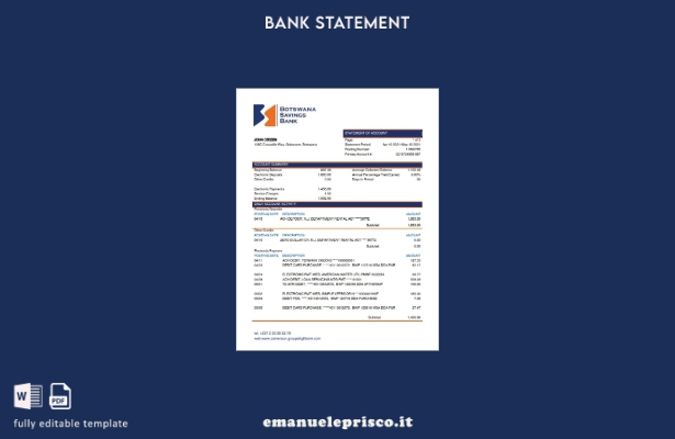 stile verificato Modello di estratto conto bancario di risparmio del Botswana