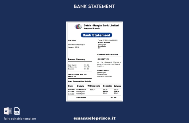 stile verificato Modello di parole per estratto conto bancario Bangladesh Dutch