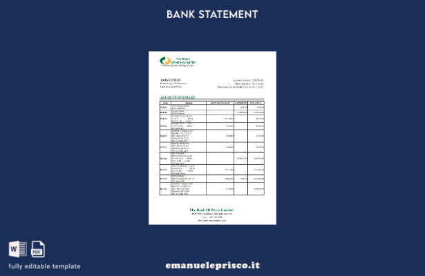 stile verificato Saint Kitts e Nevis Modello Excel di estratto conto della Banca