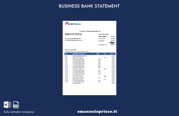 estratto conto aziendale Pakistan ICICI in stile verificato Modello Word e model
