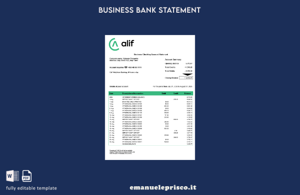 estratto conto aziendale tagico Alif stile verificato Modello Word e PDF