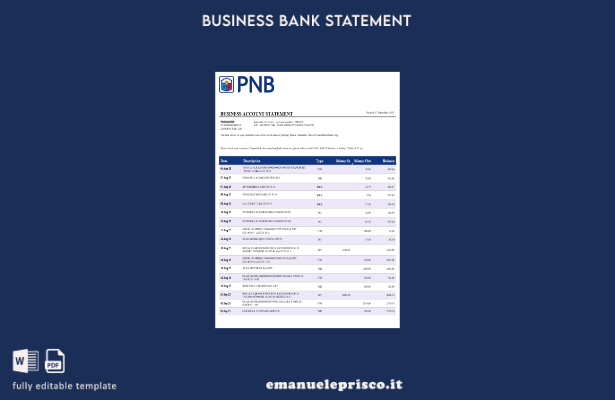 estratto conto bancario PNB in ​​stile verificato Modello modello Word e PDF