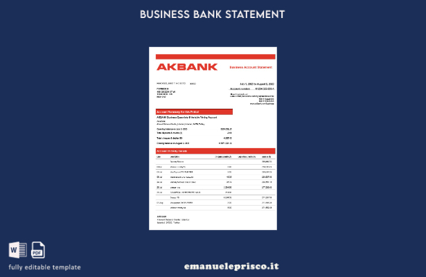 modello Word e PDF dell'estratto conto aziendale Akbank in stile verificato