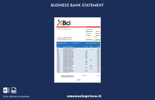 modello Word e PDF dell'estratto conto della società BCI Bank in stile verificat