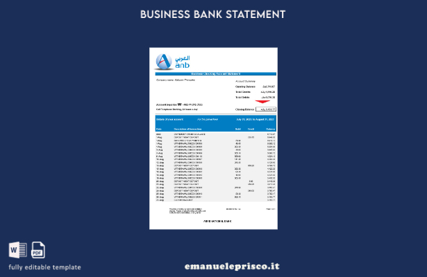 modello Word e PDF dell'estratto conto di controllo della società della Banca na