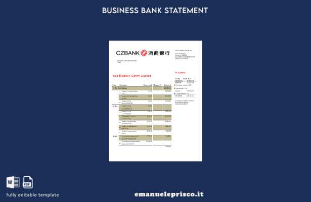 modello Word e PDF di estratto conto aziendale China Zheshang Bank in stile veri