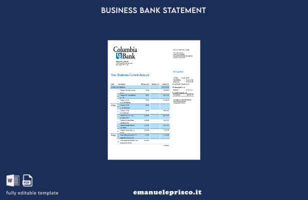 modello Word e PDF di estratto conto aziendale Columbia Bank in stile verificato