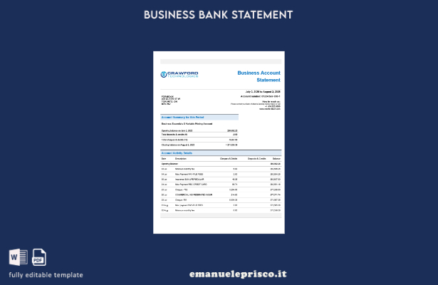 modello di estratto conto bancario aziendale CrawfordTech in stile verificato in