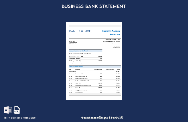 modello di estratto conto bancario del conto aziendale cileno Banco Bice in stil