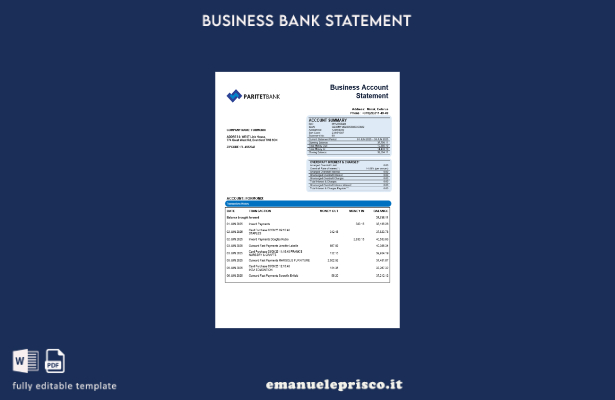modello di estratto conto della società della banca Paritet in stile verificato