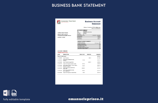 modello di modello Word e PDF dell'estratto conto aziendale di Trade Bank in sti