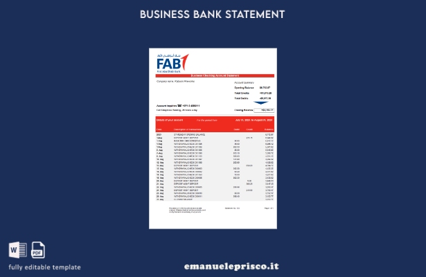 modello di modello Word e PDF di estratto conto aziendale FAB Bank in stile veri