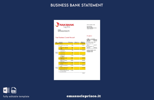 modello di modello Word e PDF di estratto conto aziendale Rakbank in stile verif