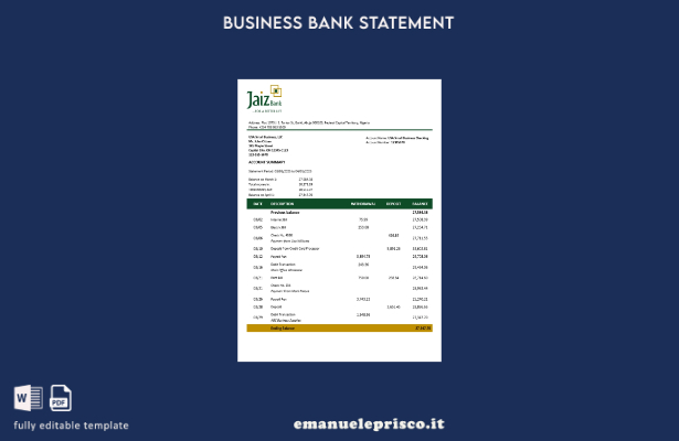 modello verificato di estratto conto bancario aziendale Jaiz in formato Word e P