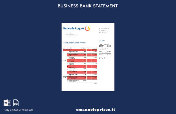 stile verificato Estratto conto aziendale Banco de Bogotá Modello Word e PDF