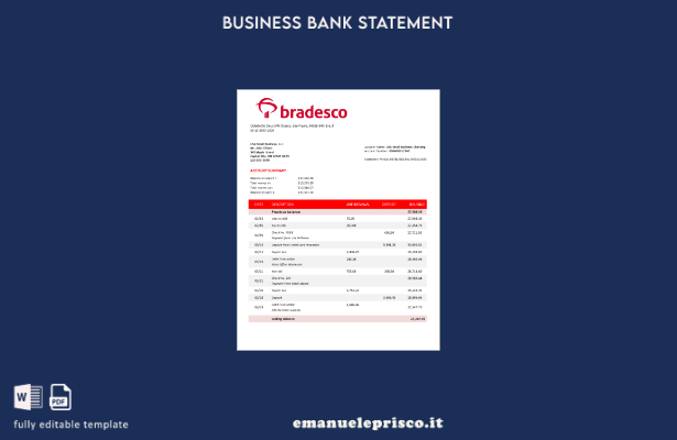 stile verificato Estratto conto aziendale Bradesco Bank Modello Word e PDF